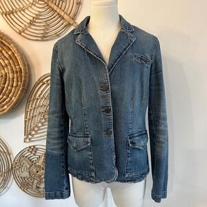 Vintage Denim Blazer Jacket Fitted Stretch 90s Y2K Jean Jacket Women 4